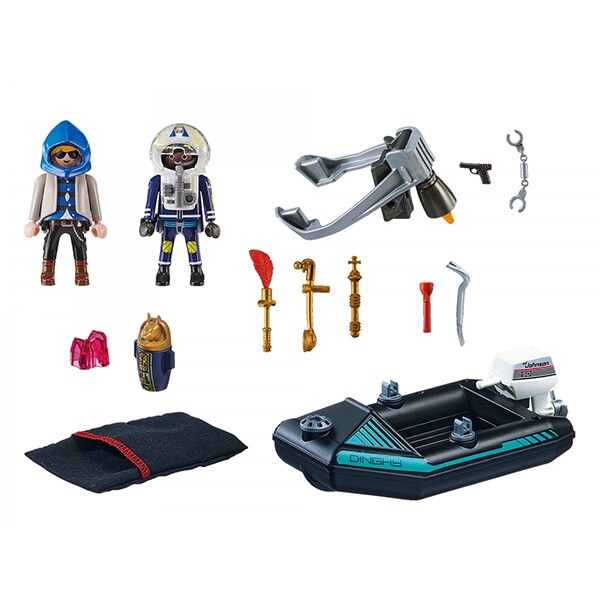 Set figurine PLAYMOBIL City Action - Barca politiei si hot cu barca rapida PM70782, 5 ani+, multicolor