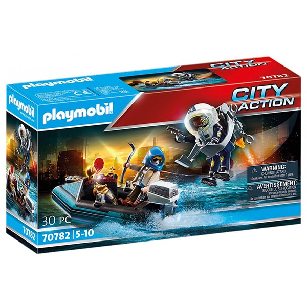 Set figurine PLAYMOBIL City Action - Barca politiei si hot cu barca rapida PM70782, 5 ani+, multicolor