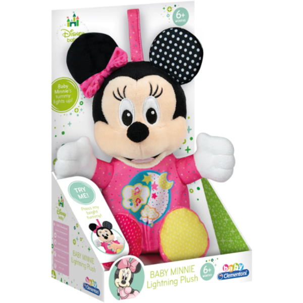 Jucarie de plus CLEMENTONI Minnie Mouse cu lumini si sunete CL17207, 6 luni+, roz-negru