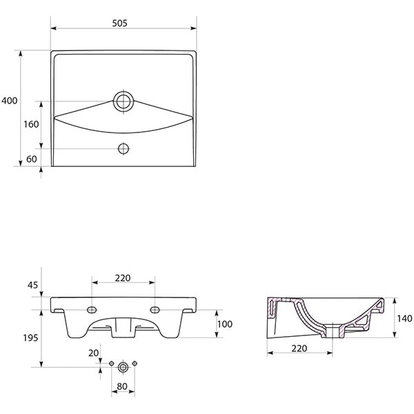 Chiuveta baie CERSANIT CITY 50, montare incorporabila, 50.5 x 40 cm, alb