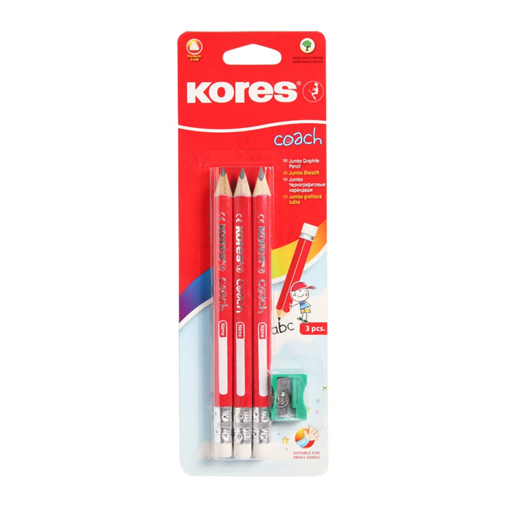 Set 3 creioane grafit KORES Coach + Ascutitoare, rosu
