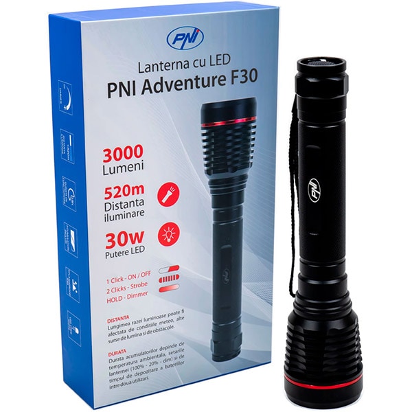 Lanterna LED PNI Adventure F30, 3000 lumeni, Acumulator 4000mAh, negru
