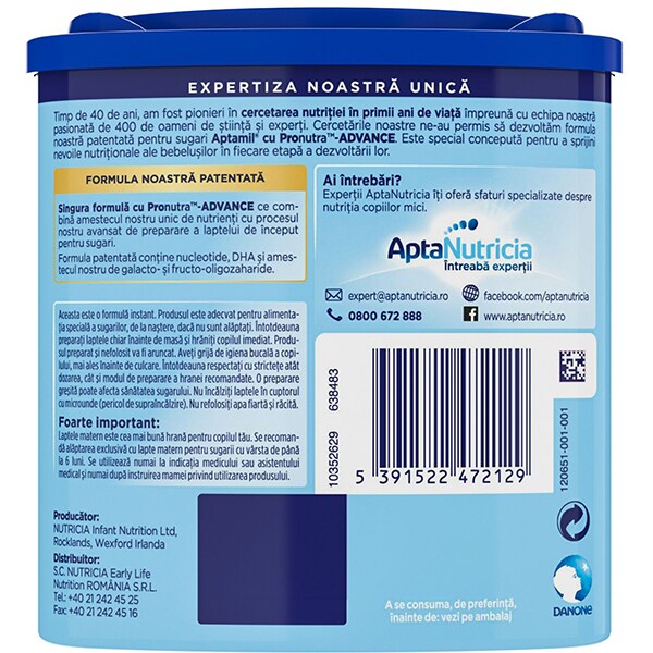Lapte praf APTAMIL 1 Pronutra Advance 638483, 0-6 luni, 400g