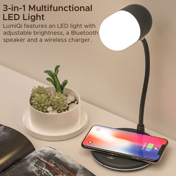Lampa de birou multifunctionala PROMATE LumiQi, Boxa Bluetooth 3W, Incarcator Qi Wireless, negru