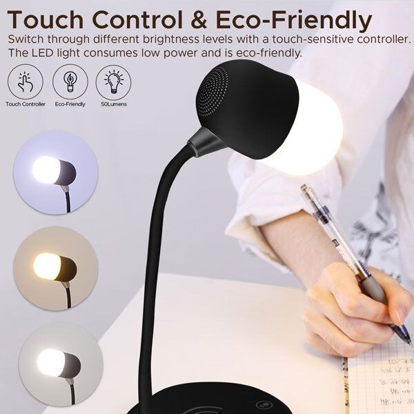 Lampa de birou multifunctionala PROMATE LumiQi, Boxa Bluetooth 3W, Incarcator Qi Wireless, negru