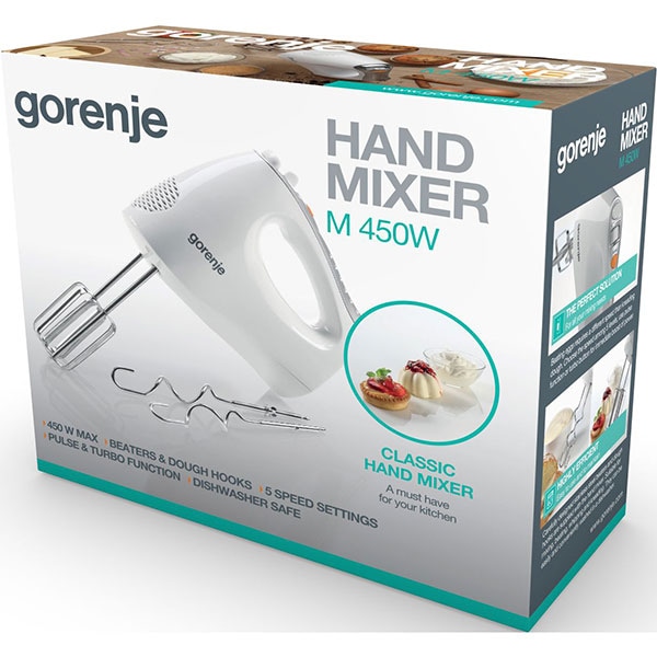 Mixer de mana GORENJE M450W, 450W, 5 trepte viteza, alb 