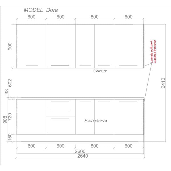 Mobila bucatarie Dora, petrol-blat antracit, 264 x 60 x 241 cm