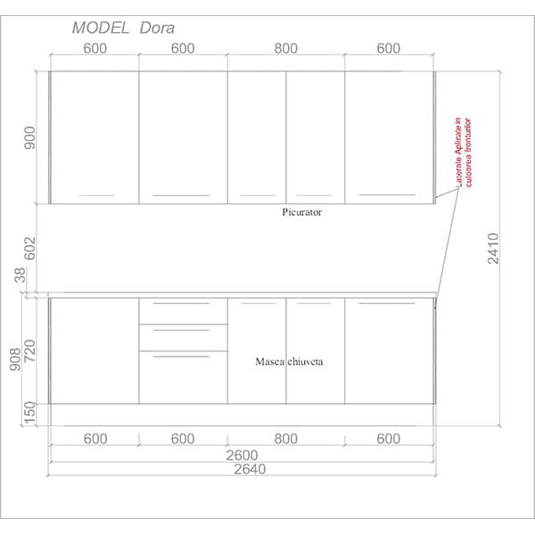 Mobila bucatarie Dora, gri supra mat, 264 x 60 x 241 cm