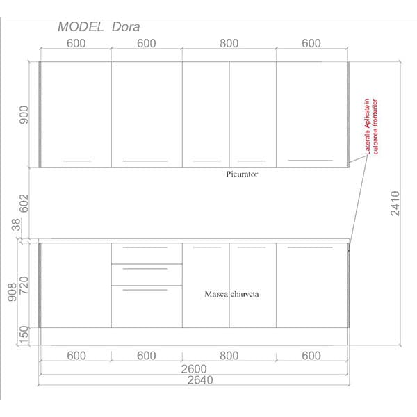Mobila bucatarie Dora, negru auriu-negru mat, 264 x 60 x 241 cm