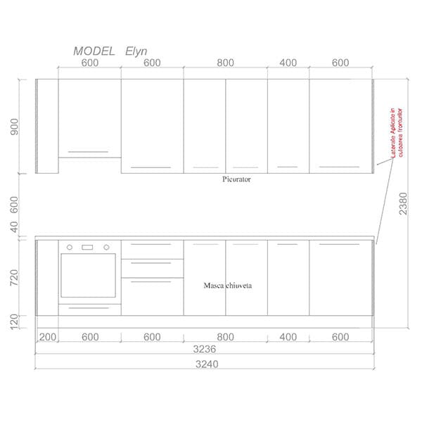 Mobila bucatarie Elyn, petrol-blat antracit, 324 x 60 x 241 cm