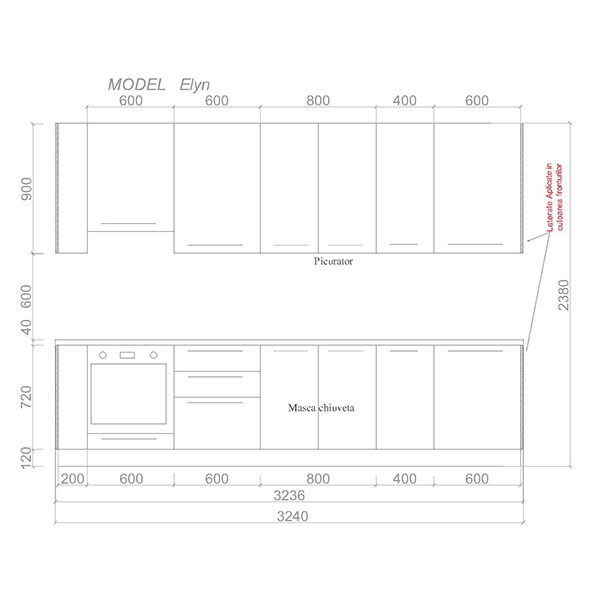Mobila bucatarie Elyn, gri supra mat, 324 x 60 x 241 cm