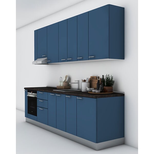 Mobila bucatarie Elyn, albastru auriu-petrol mat, 324 x 60 x 241 cm