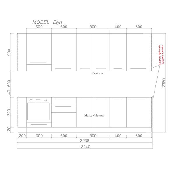 Mobila bucatarie Elyn, albastru auriu-petrol mat, 324 x 60 x 241 cm