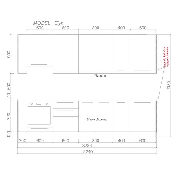 Mobila bucatarie Elyn, negru auriu-negru mat, 324 x 60 x 241 cm