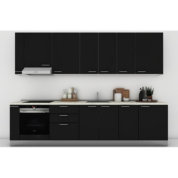 Mobila bucatarie Elyn, negru auriu-negru mat, 324 x 60 x 241 cm