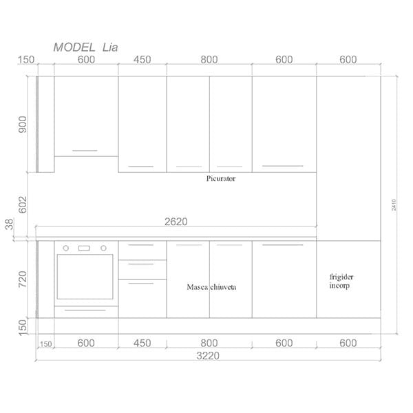 Mobila bucatarie Lia, negru auriu-negru mat, 322 x 60 x 241 cm