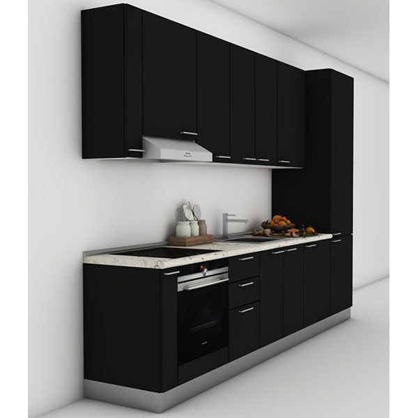 Mobila bucatarie Lia, negru auriu-negru mat, 322 x 60 x 241 cm