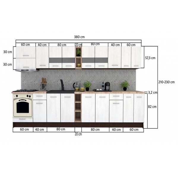 Mobila bucatarie Marina New 380 Wenge-Decor K084, 380 x 60 x 210-230 cm
