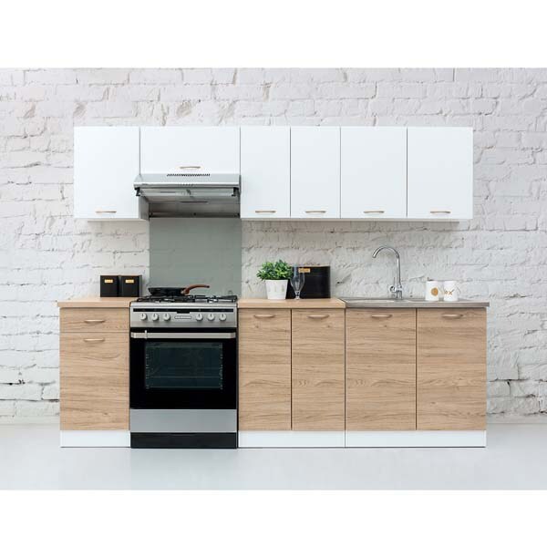 Mobila bucatarie Soria 240 Decor Alb cu Stejar Barrique, 240 x 60 x 195-230 cm