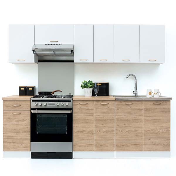 Mobila bucatarie Soria 240 Decor Alb cu Stejar Barrique, 240 x 60 x 195-230 cm