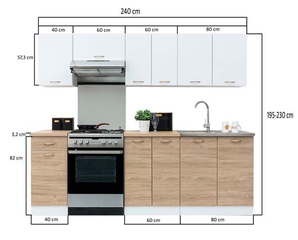 Mobila bucatarie Soria 240 Decor Alb cu Stejar Barrique, 240 x 60 x 195-230 cm