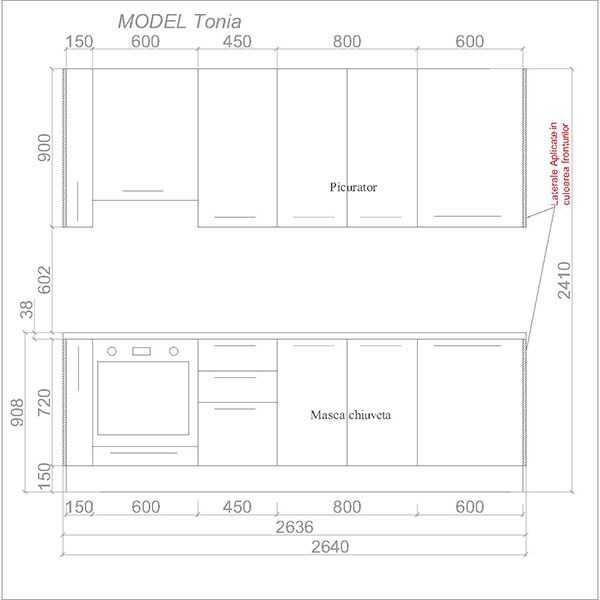 Mobila bucatarie Tonia, negru, 264 x 60 x 241 cm