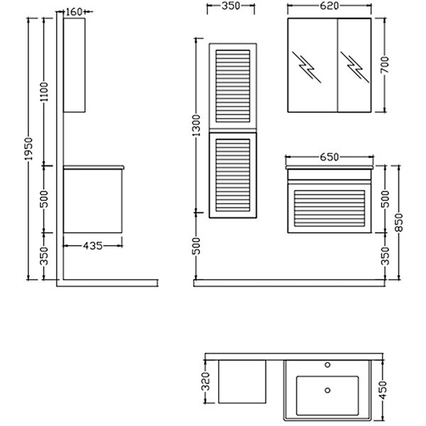 Set mobilier baie cu oglinda Megan, 65 x 43.5 x 195 cm, alb