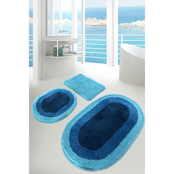 Set 3 covorase baie Elips, 60 x 100 cm, 50 x 60 cm, 40 x 60 cm, albastru