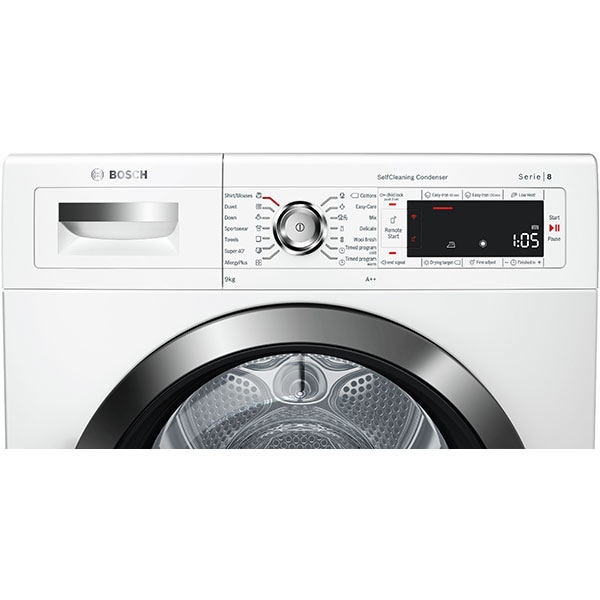 Uscator de rufe BOSCH WTW855H0BY, Home Connect, Condensare si pompa de caldura, 9kg, 14 programe, Clasa A++, alb