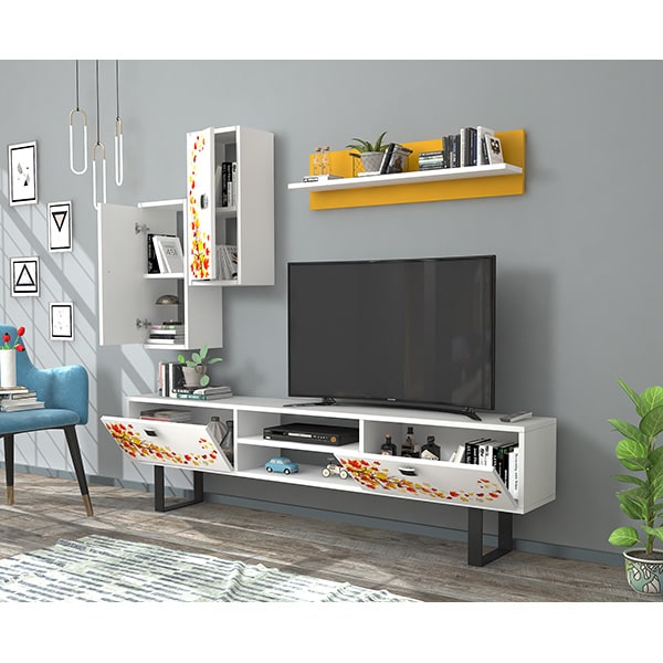 Mobila living Summer, alb-galben, 180 x 29.5 x 48 cm