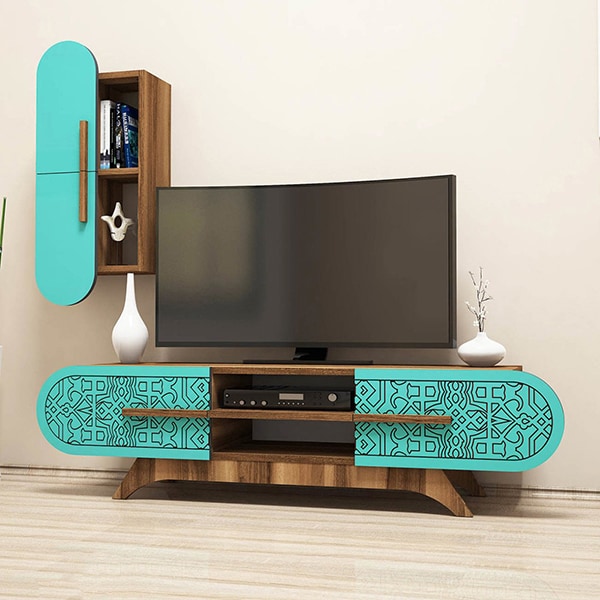 Comoda Tv cu raft suspendat Defne, nuc-turcoaz, 145 x 35 x 37 cm