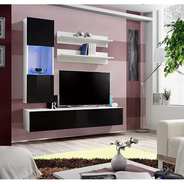 Mobila living Fly 23 WS FY H3, alb-negru lucios, 160 x 40 x 190 cm
