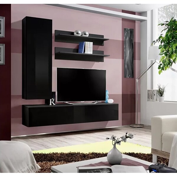 Mobila living Fly 23 ZZ FY H1, negru-negru lucios, 160 x 40 x 190 cm