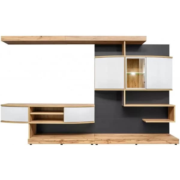 Mobila living Palermo 20 WTANW PM, stejar wotan-alb lucios-antracit, 300 x 45 x 182 cm