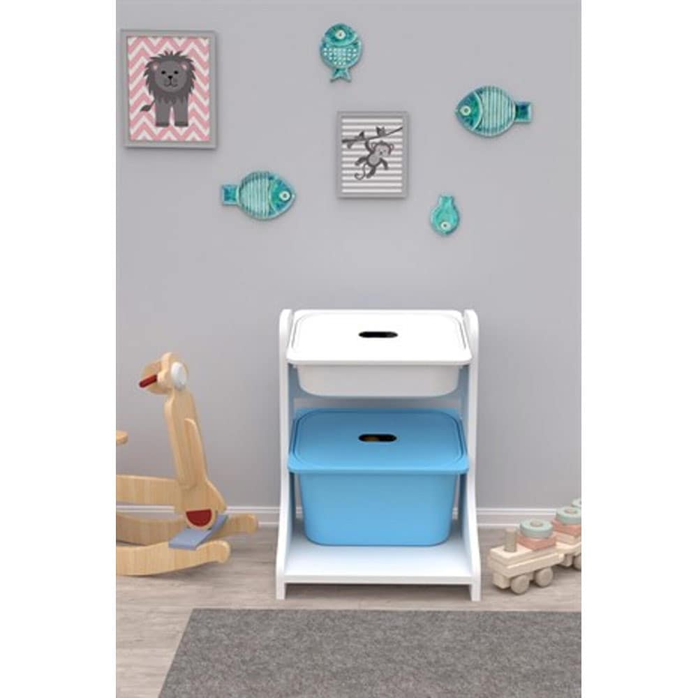 Dulap cutii depozitare OLIVYA, 44 x 35 x 60 cm, alb-albastru, 2 cutii