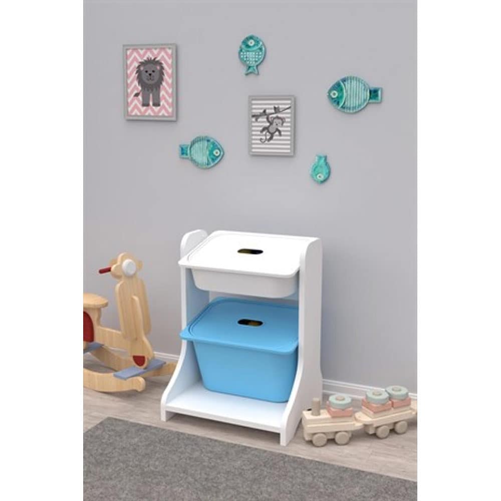 Dulap cutii depozitare OLIVYA, 44 x 35 x 60 cm, alb-albastru, 2 cutii