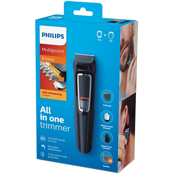 Aparat de tuns multifunctional 9 in 1 PHILIPS Multigroom Series 3000 MG3740/15, acumulator, 60 min autonomie, negru