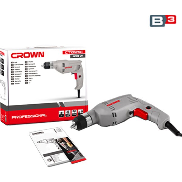 Masina de gaurit si insurubat (bormasina) CROWN CT10126C, 400W, 3000RPM, mandrina cu cheie 10mm