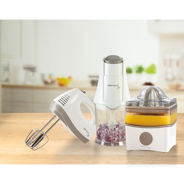 Set DELIMANO 110037473PAK: Storcator citrice 0.8l, 40W + Mixer de mana 150W, 5 trepte viteza + Mini tocator 0.6l, 200W, alb - gri 