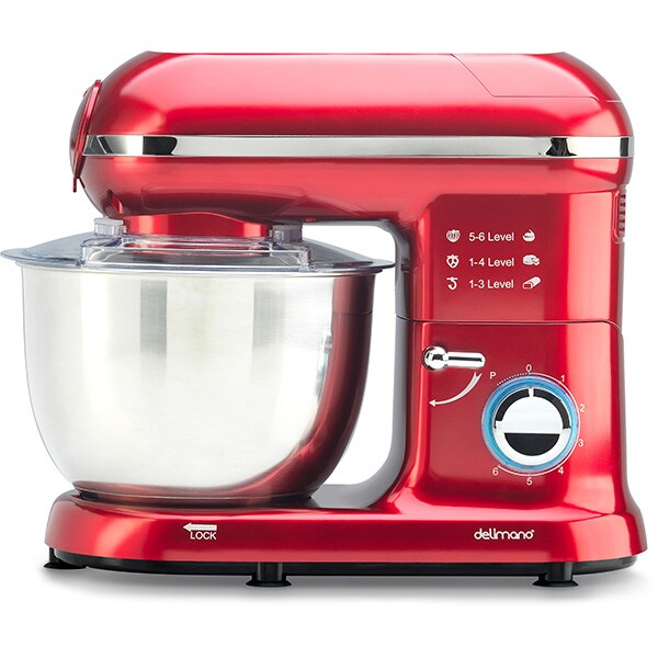 Mixer cu bol DELIMANO 110000000, 4.5l, 1400W, 6 trepte viteza, rosu-argintiu