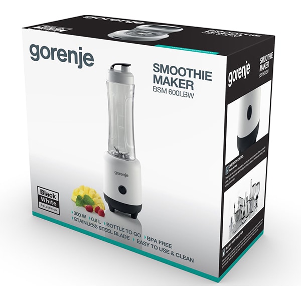 Mini blender GORENJE BSM600LBW, 0.6l, 300W, 1 treapta viteza, alb-negru 