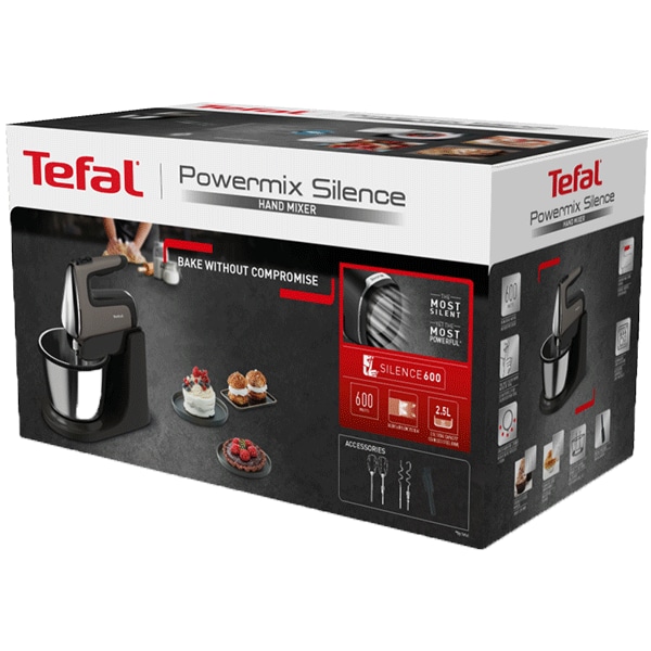 Mixer cu bol TEFAL Power'mix Silence HT654E38, 2.5l, 600W, 5 trepte viteza, argintiu-negru