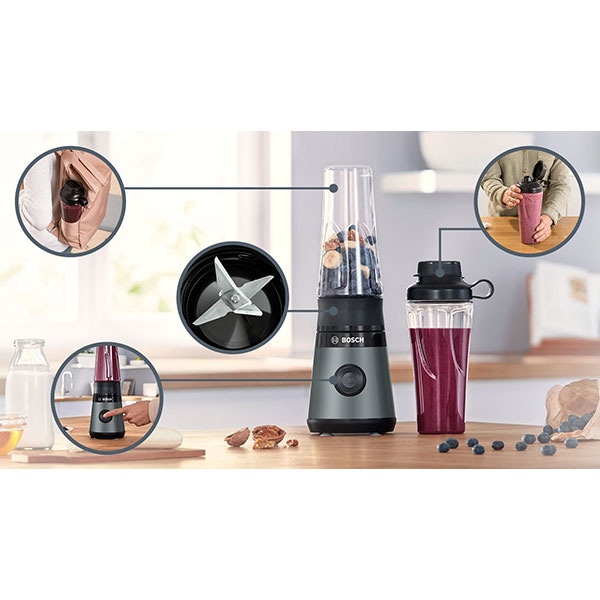 Mini blender BOSCH VitaPower MMB2111S, 0.65l, 450W, 1 treapta viteza, argintiu-negru