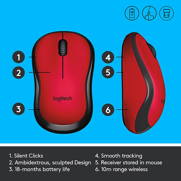 Mouse Wireless LOGITECH M220 Silent, 1000 dpi, rosu