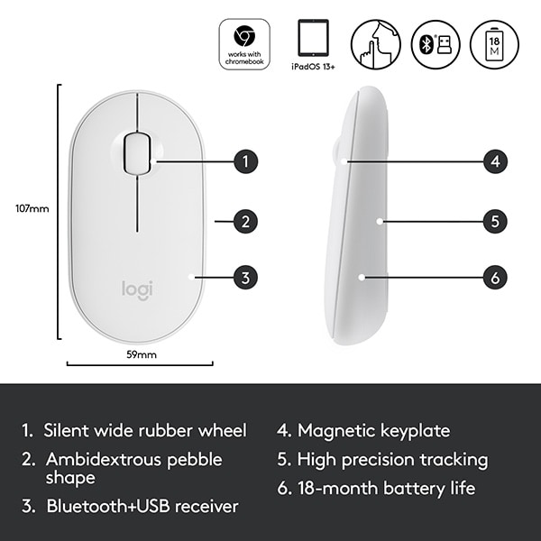 Mouse Wireless LOGITECH Pebble M350, Dual Mode, 1000 dpi, Bluetooth, alb