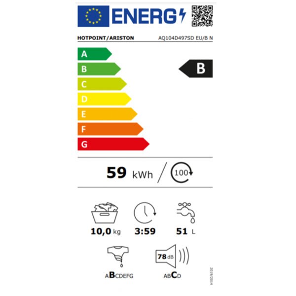 Masina de spalat rufe frontala HOTPOINT AQ104D497SD EU-B N, 10 kg, 1400rpm, Clasa B, alb