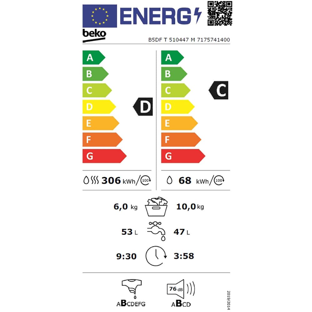 Masina de spalat rufe frontala cu uscator BEKO B5DFT510447M, SteamCure, 10/6 kg, 1400rpm, Clasa C/D, gri inchis