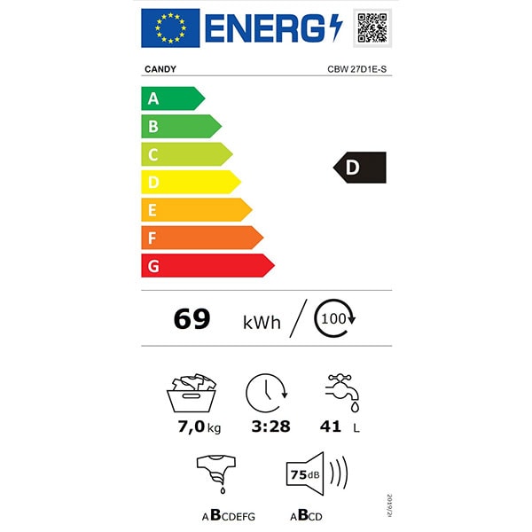 Masina de spalat rufe incorporabila Candy CBW 27D1E-S, 7 kg, 1200rpm, Clasa D, alb