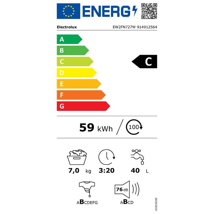 Masina de spalat rufe frontala ELECTROLUX EW2FN727W, 7 kg, 1200rpm, Clasa C, alb