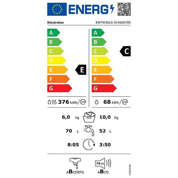 Masina de spalat rufe frontala cu uscator ELECTROLUX PerfectCare700 EW7W361S, SteamCare, 10/6 kg, 1600rpm, Clasa C/E, alb